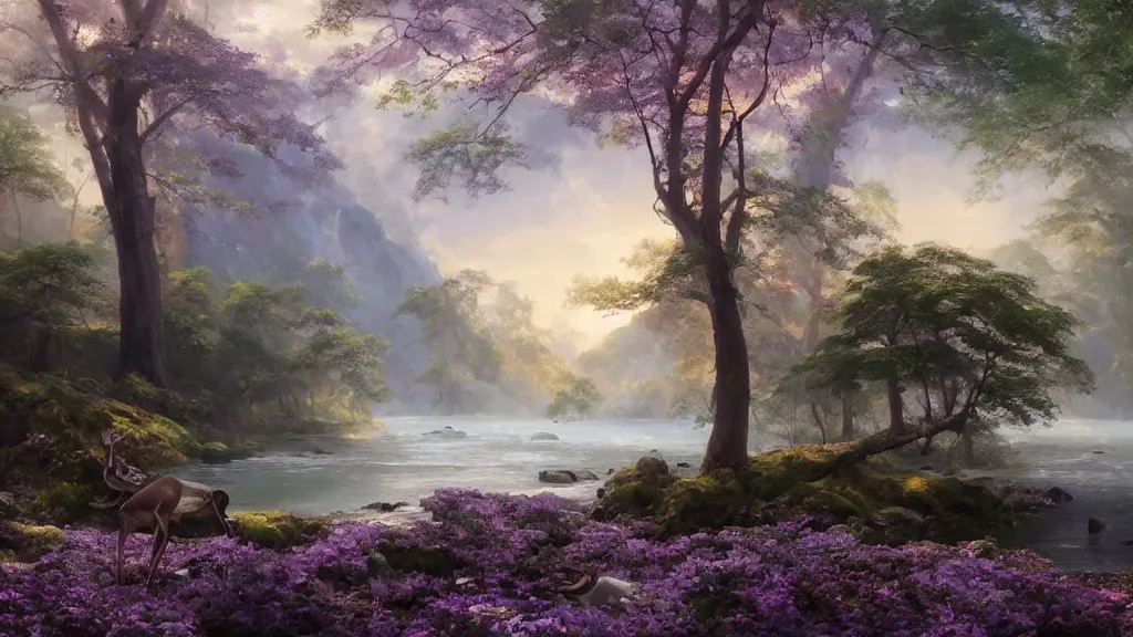 Image similar to the most beautiful panoramic landscape, oil painting, where a giant dreamy waterfall creates a river, the trees around are starting to bloom in purple colors, a majestic deer is in close - up and it is exhaling steam, the ray lights of the sunrise are brightening him, by greg rutkowski