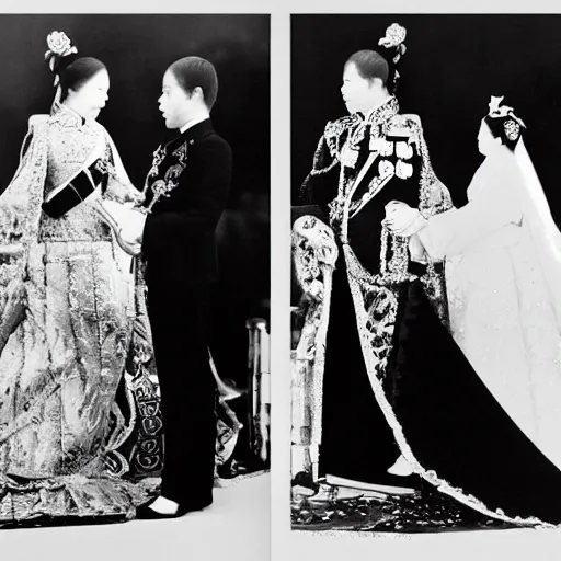 Prompt: An extreme closeup shot, colored black and white Russian and Japanese mix historical fantasy photographic portrait of a Royal wedding of the empress and emperor exchanging the wedding rings, golden hour, warm lighting, 1907 photo from the official wedding photographer for the royal wedding.