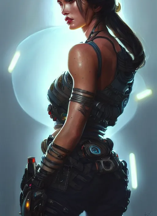 Image similar to portrait of apex legends megan fox, intricate, elegant, glowing lights, highly detailed, digital painting, artstation, glamor pose, concept art, smooth, sharp focus, illustration, art by artgerm and greg rutkowski, artey freytag