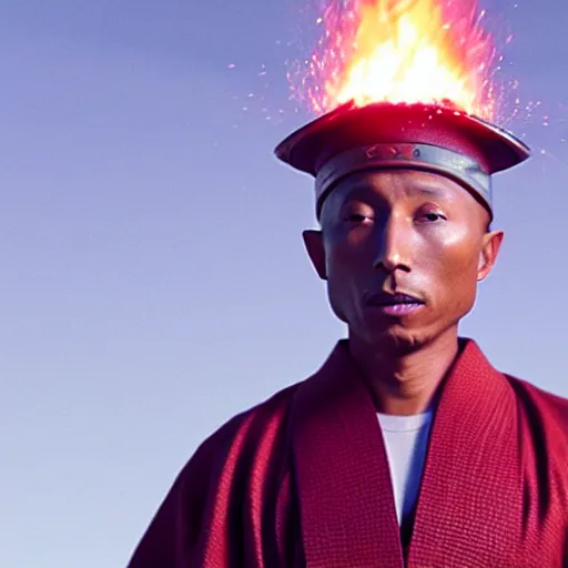 Image similar to cinematic film still Pharrell Williams starring as a Samurai holding fire, Japanese CGI, VFX, 2003, 40mm lens, shallow depth of field,film photography