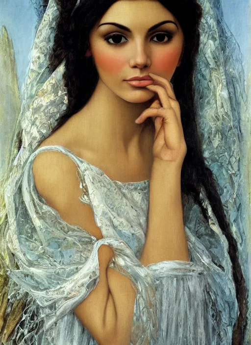 Prompt: oil painting of Victoria Justice, Hungarian, curly dark hair, fair skin, veil by Georgia o Keeffe, by Marcel Jankowicz, by Botticelli, by Gustave Moreau, concept art, master