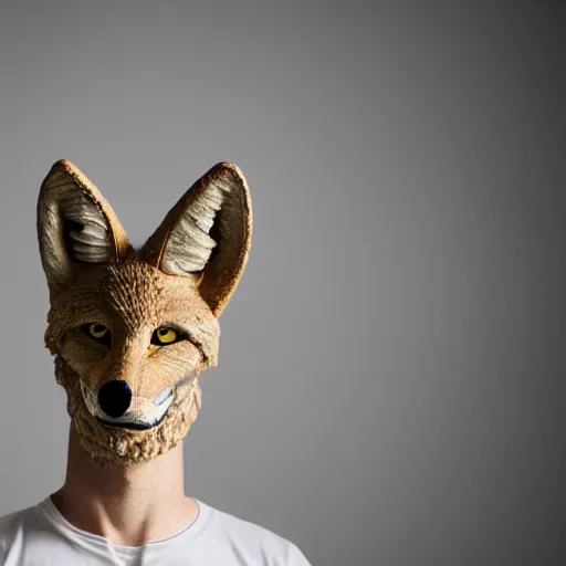 Prompt: (man) with a coyote head standing in a plain white room studio photo