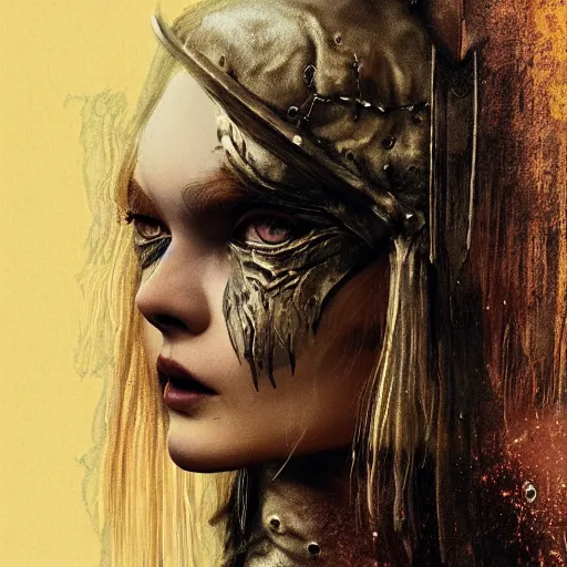 Image similar to Elle Fanning in the painted world of Dark Souls, head and shoulders masterpiece, apocalypse, golden hour, cosmic horror, artstation, in the style of Dada, extremely detailed