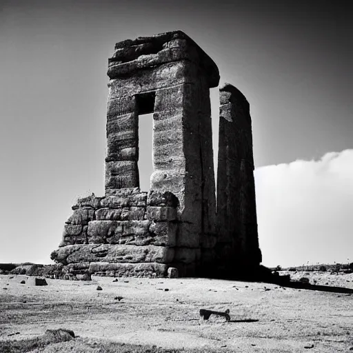 Image similar to a monolithic temple in a desert. overcast sky, grainy.