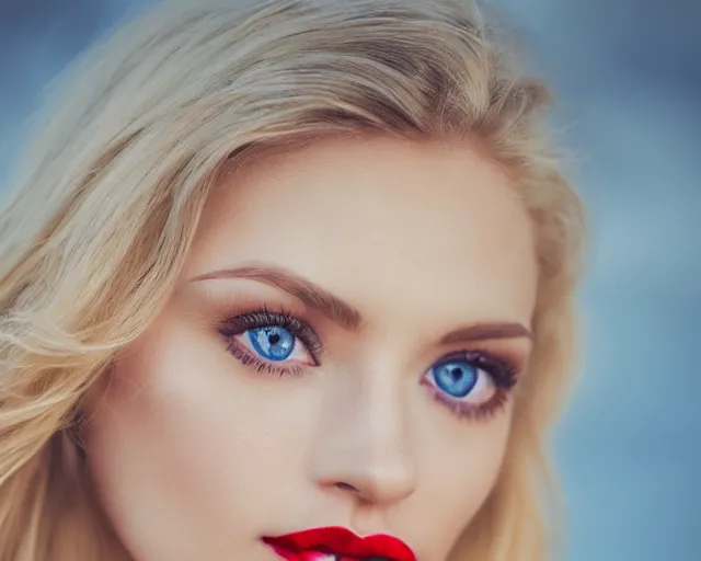 Image similar to A portrait of a beautiful blonde woman with beautiful blue eyes and beautiful red lips, piercing eyes, in heaven, highly detailed, bokeh, professional photograph, 4K, HD