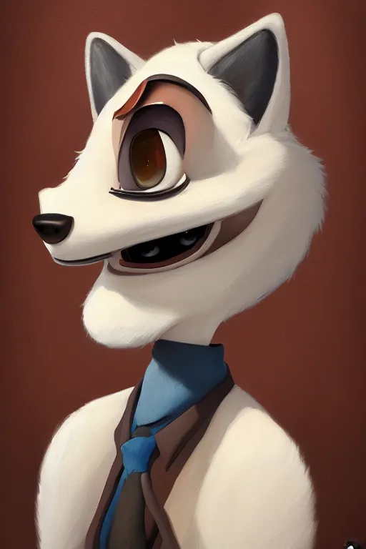 Image similar to oil painting of anthromorphic female wolf, in style of cory loftis, female fursona, furry, furaffinity, 4 k, deviantart, furry art, fursona art, wearing black business suit, business suit, in style of zootopia, wolf fursona, cyberpunk, female, very expressive detailed feminine face,