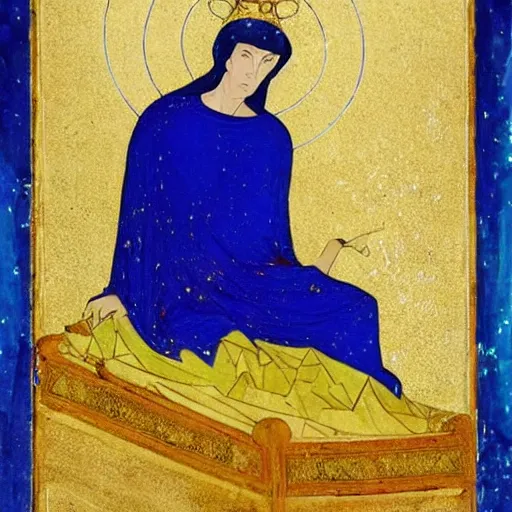 Image similar to what looked like a throne of lapis lazuli, and high above on the throne was a figure like that of a man. waist up, he looks like glowing metal, as if full of fire, and that from there down he looked like fire ; and brilliant light surrounded him. like the appearance of a rainbow in the clouds on a rainy day.