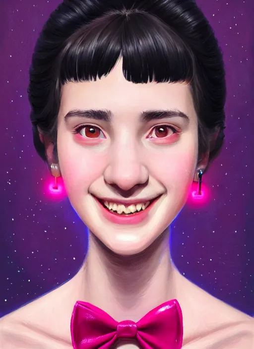 Image similar to portrait of high school girl, realistic, black hair, bangs, half updo hairstyle, pointy nose, skinny, smile, ugly, defined jawline, big chin, pink hair bow, earrings, intricate, elegant, glowing lights, highly detailed, digital painting, artstation, sharp focus, illustration, art by wlop, mars ravelo and greg rutkowski