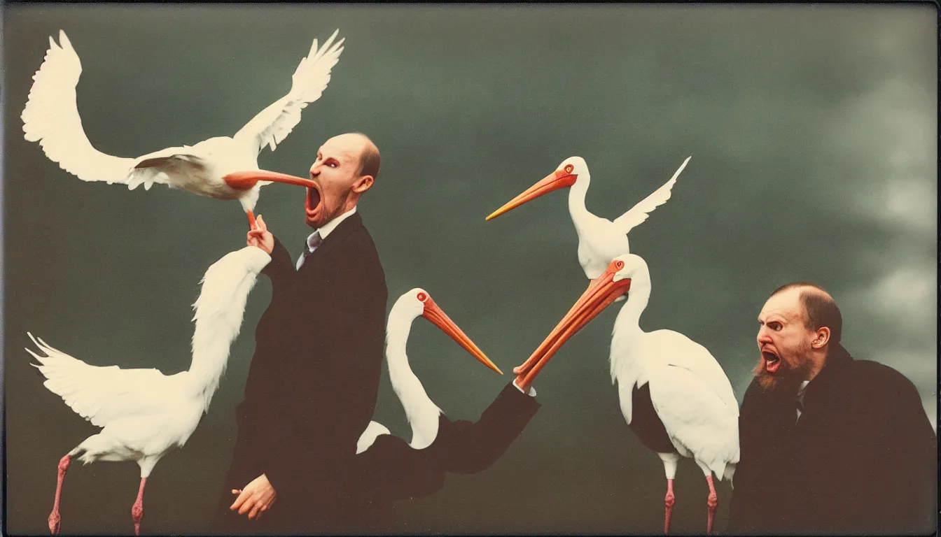 Image similar to polaroid picture of russian man yelling at stork, very detailed, 8 k