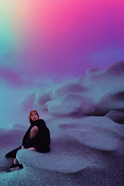 Image similar to high quality pastel coloured film close up wide angle photograph of a model wearing clothing resting on cloud furniture in a icelandic black rock environment in a partially haze filled dreamstate world. three point light, rainbow. photographic production. art directed. pastel colours. volumetric clouds. pastel gradient overlay. waves glitch artefacts. extreme facial clarity. 8 k. filmic.