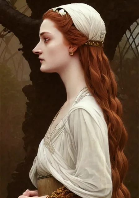 Image similar to portrait of sansa stark with long hair, intricate, elegant, highly detailed, digital painting, artstation, concept art, smooth, sharp focus, illustration, art by artgerm and greg rutkowski and alphonse mucha and william - adolphe bouguereau