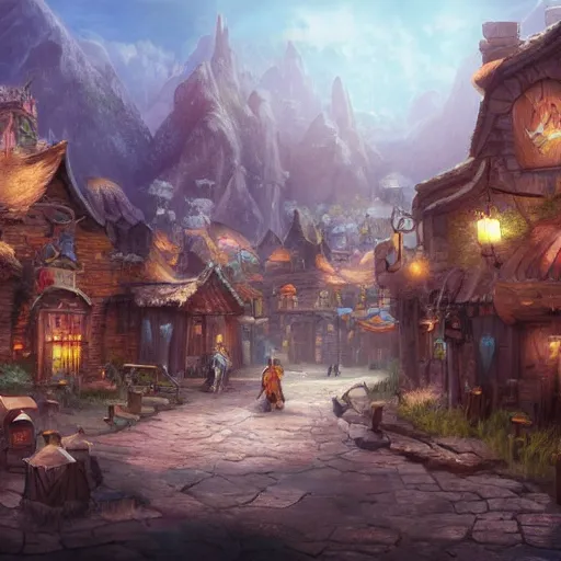 Image similar to large fantasy town filled with people, game concept art, illustration, unreal,