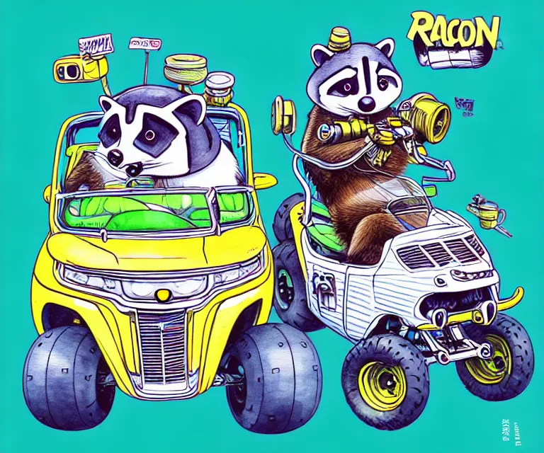 Image similar to cute and funny, racoon wearing a helmet riding in a tiny 4 wheeler with oversized engine, ratfink style by ed roth, centered award winning watercolor pen illustration, isometric illustration by chihiro iwasaki, edited by range murata, tiny details by artgerm, symmetrically centered