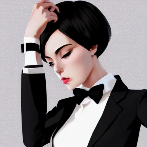 Image similar to slim girl in tuxedo with short black hair, elegant, 2d, ultra highly detailed, digital painting, smooth, sharp focus, artstation, art by Ilya Kuvshinov