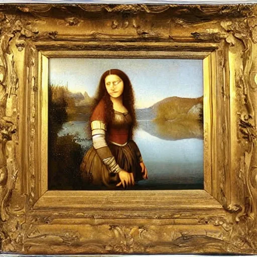 Image similar to portrait of a beautiful woman at a lake, oil painting by Da Vinci