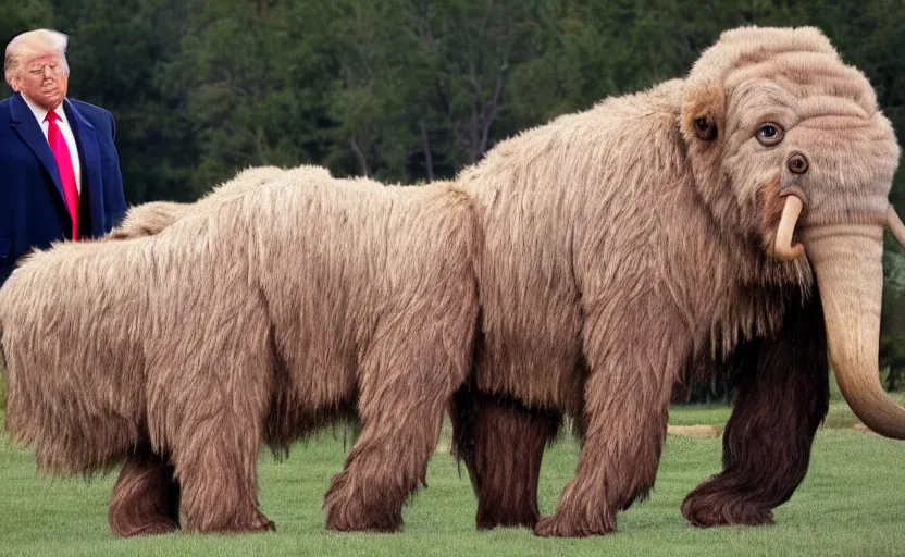 Image similar to Donald Trump in a baby mammoth costume , with an open face