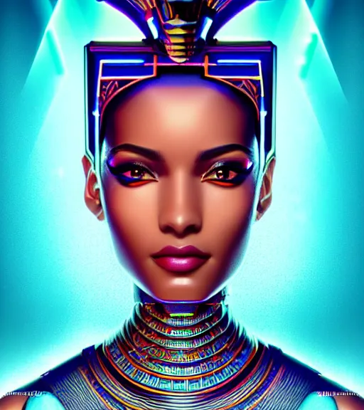 Image similar to symmetry!! egyptian princess of technology, solid cube of light, hard edges, product render retro - futuristic poster scifi, lasers and neon circuits, brown skin gorgeous egyptian princess, intricate, elegant, highly detailed, digital painting, artstation, concept art, smooth, sharp focus, illustration, dreamlike, art by artgerm