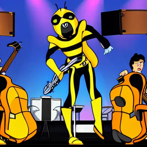 Image similar to bumblebee on stage singing with the band in the style of archies cartoon, high resolution, unreal engine