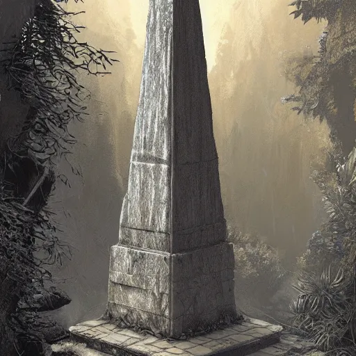 Prompt: stone obelisk, roots and plants growing on the obelisk, intricate detailed glowing engravings, D&D, Magic The Gathering, by Craig Mullins, ornate, ancient forest, volumetric lighting