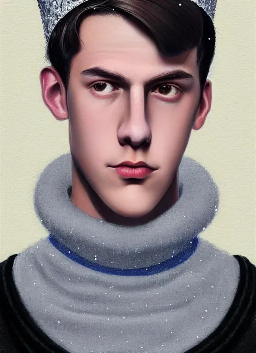 Image similar to portrait of teenage jughead jones wearing a light grey crown, crown, blue turtleneck, 1 9 5 0 s, closed eyes, photorealistic, black hair, glowing lighting, intricate, elegant, glowing lights, highly detailed, digital painting, artstation, concept art, smooth, sharp focus, illustration, art by wlop, mars ravelo and greg rutkowski