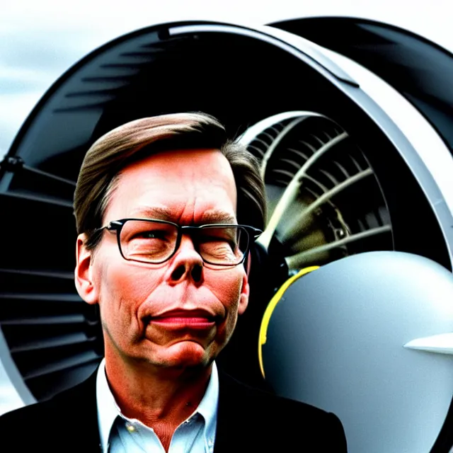 Image similar to a photo of bob lazar standing by honda jet engine car, cinematic lighting, detailed symmetrical face, photorealistic, highly detailed