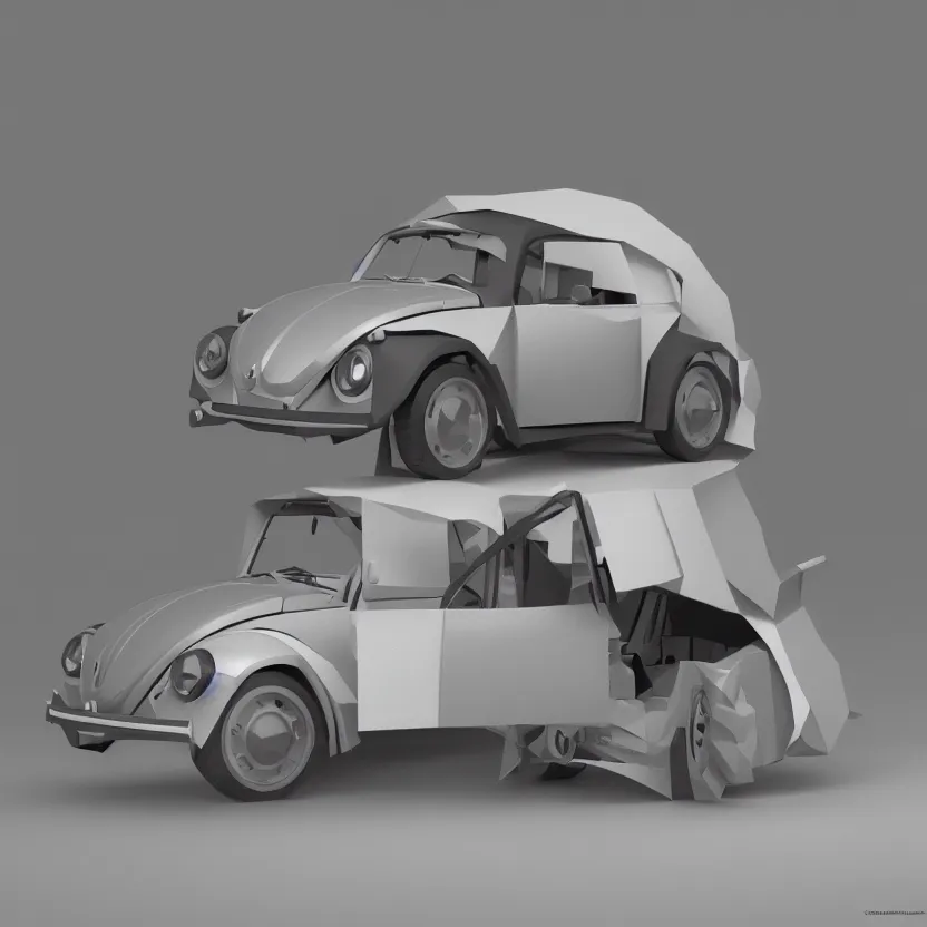 Image similar to a low poly render of a VW Beetle on a bookshelf, octane render, unreal engine 5, high quality