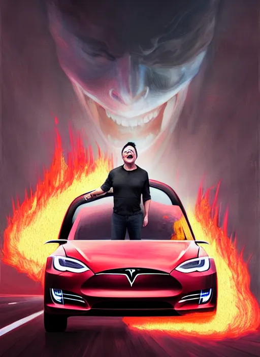 Image similar to portrait of insane elon musk laughing as a tesla runs into a child and bursts into flames, intricate, unholy, fire, highly detailed, digital painting, artstation, concept art, smooth, sharp focus, illustration, art by wlop, mars ravelo and greg rutkowski