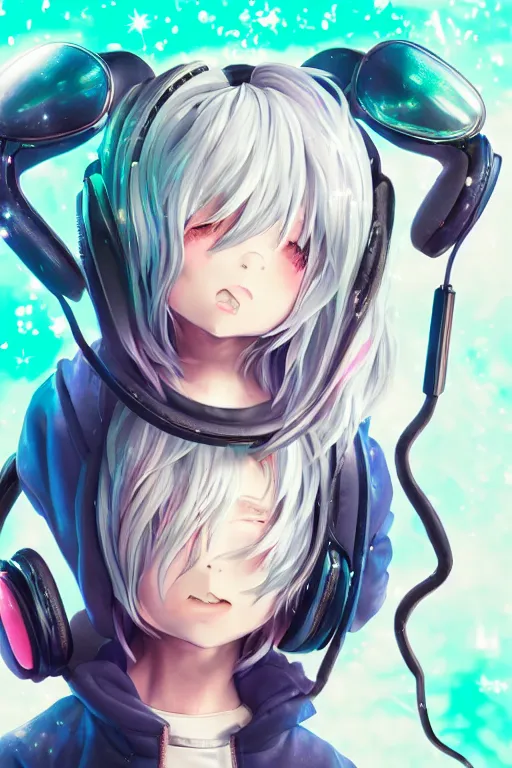 Prompt: portrait of an 3d anime character with cute sparkly eyes wearing a holographic hoodie and headphones, long hair with pastel colors, wearing a cute face gas mask in a still of code vein by Kurumi Kobayashi Koichi Itakura, 3d anime, octane render, dynamic dramatic lighting, with glitch and chromatic abbreviations, artstation, cgsociety, imaginefx, by anime concept artist, rendered in unreal engine, by WENJR, WLOP, artgerm