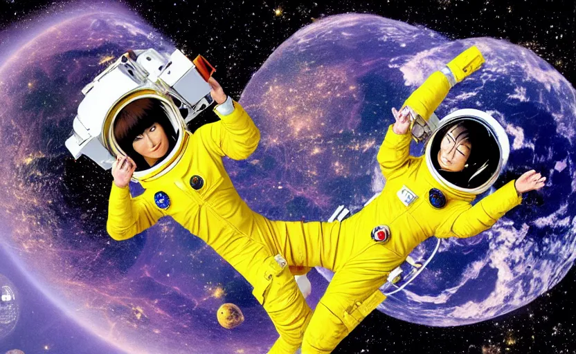 Image similar to yoko tsuno a female astronaut in yellow spacesuit floating in a scenic space environment