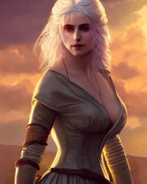 Prompt: Pre-Raphaelite Ciri from Witcher 3 by Artgerm and Greg Rutkowski, sunrise, backlit, wearing haute couture by schiaparelli, sharp focus, sun rays, full body, intricate, elegant, highly detailed, digital painting, pale