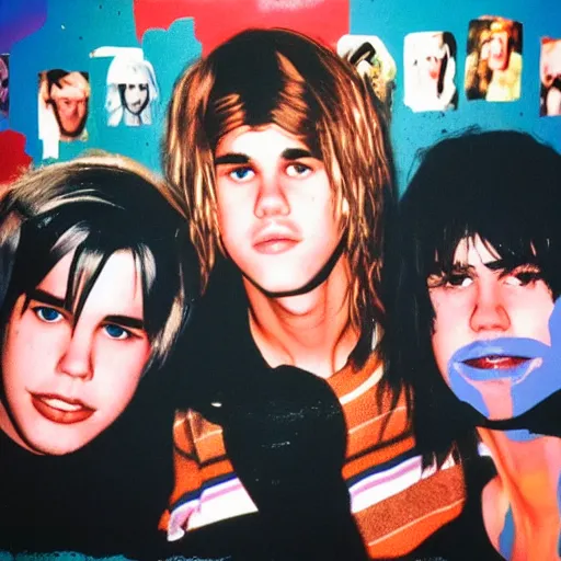 Prompt: professional photo of Nirvana rehearsing with pop art Justin Bieber portrait on the wall, highly detailed, 8k, polaroid