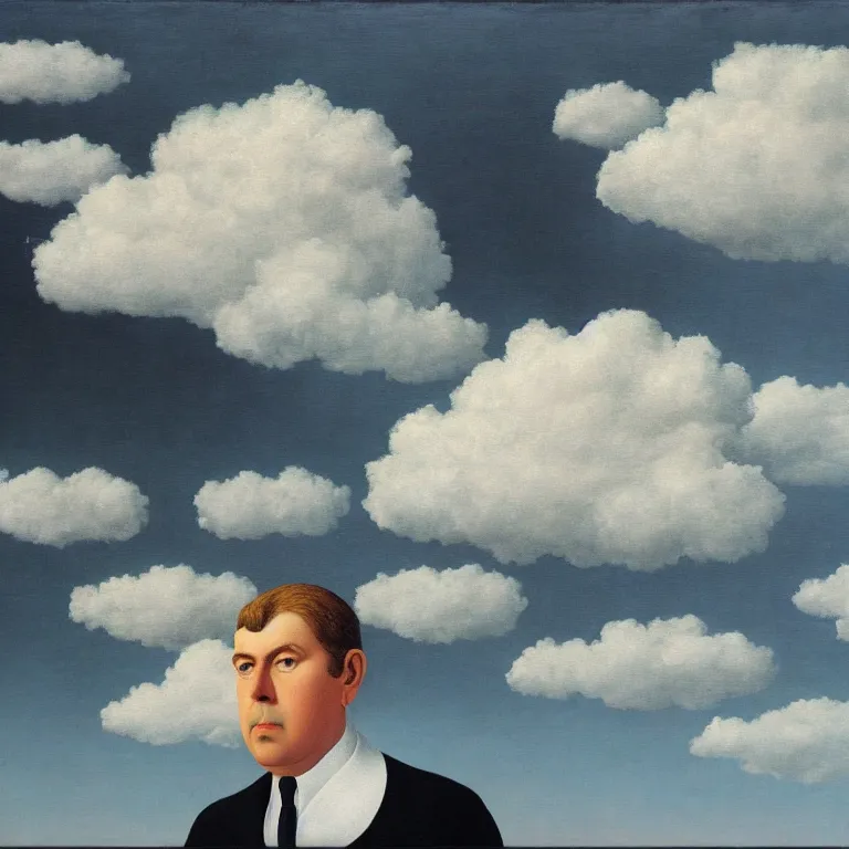 Image similar to portrait of a death, clouds in the background, by rene magritte, detailed painting, distance, middle centered, hd, hq, high resolution, high detail, 4 k, 8 k