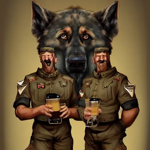 Image similar to two humanoid german shepherds beast - men in military style, they holding a beer, artstation, concept art, smooth, sharp foccus ilustration, artstation