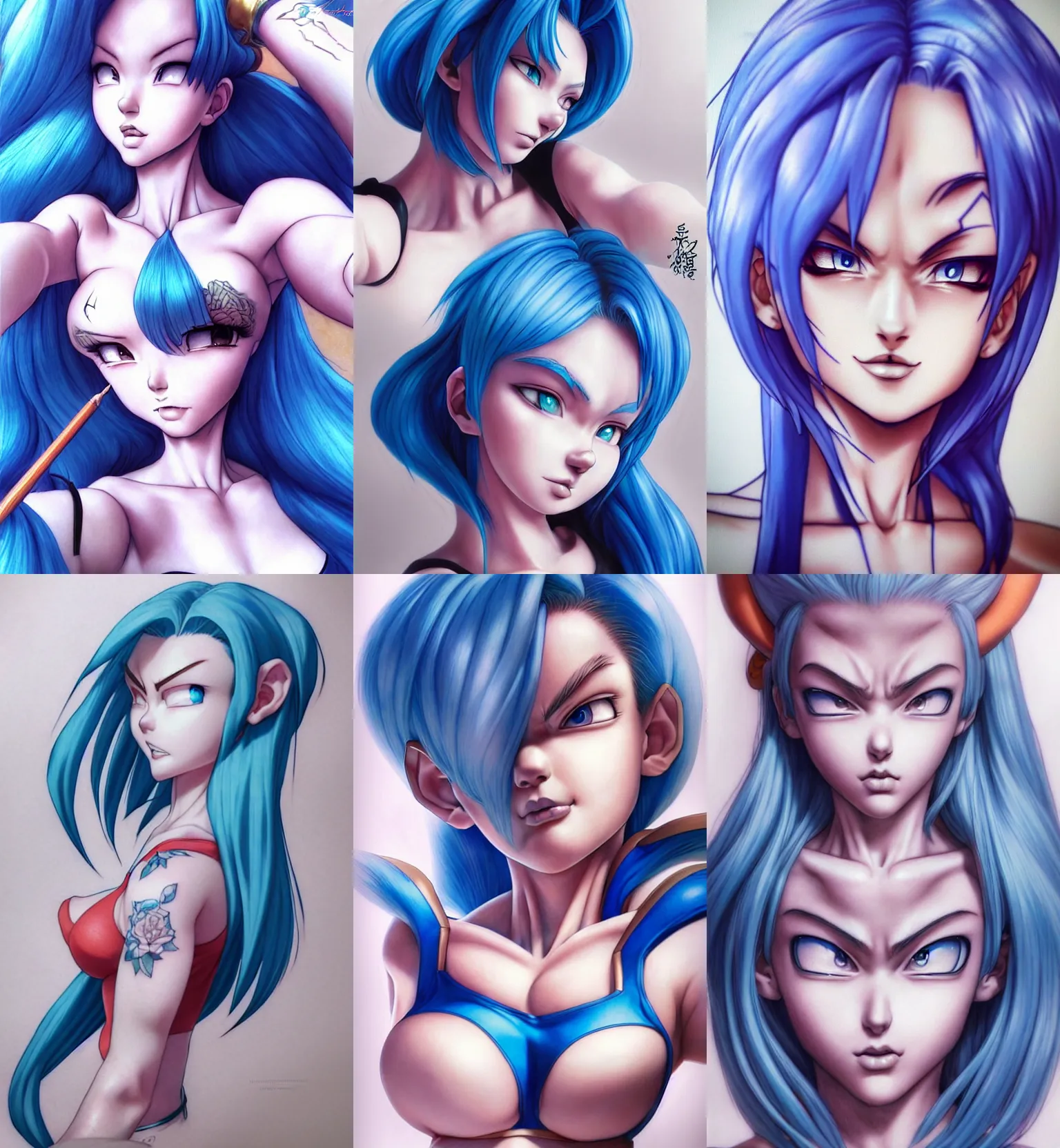 Prompt: gorgeous!! hyper - realistic giant woman resembling bulma + felicia from darkstalkers, tattoos | drawn by artgerm, drawn by wlop, drawn by jeehyung lee | intricate, high detail, ultra graphics, photorealistic, symmetrical, cinematic, smooth, sharp focus, character design, expressive, cute, beautiful!! selfie