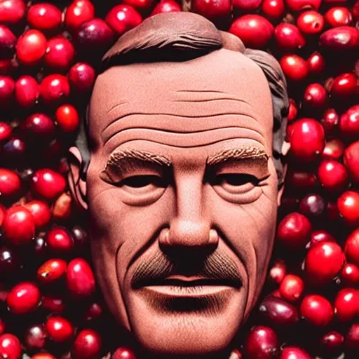 Image similar to a mountain of cranberries in the shape of bryan cranston's face, cranberry statue, submerged in cranberries, natural light, sharp, detailed face, magazine, press, photo, steve mccurry, david lazar, canon, nikon, focus