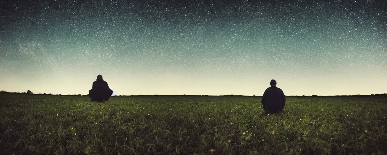 Prompt: man sitting in a huge field, star filled night sky, by yoann lossel, wide angle, surreal, dark, emotive