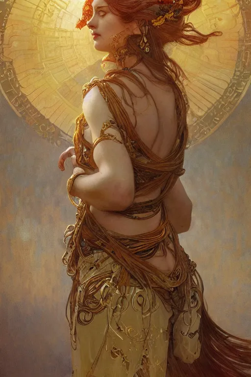 Image similar to god of sun, gold hair, gold eyes, tanned skin, fantasy, intricate, highly detailed, digital painting, artstation, concept art, smooth, sharp focus, art by art by Artem Demura and Alphonse Mucha, ArtGerm, valentina remenar, ruan jia