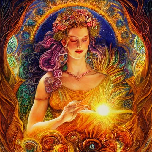 Prompt: goddess by josephine wall, sitting on flying golden ram, checking her phone, erupting volcano in distance, flowers in foreground, sun setting on right side of image, stars in sky on left side of image, trending on artstation, fantasy, intricately detailed