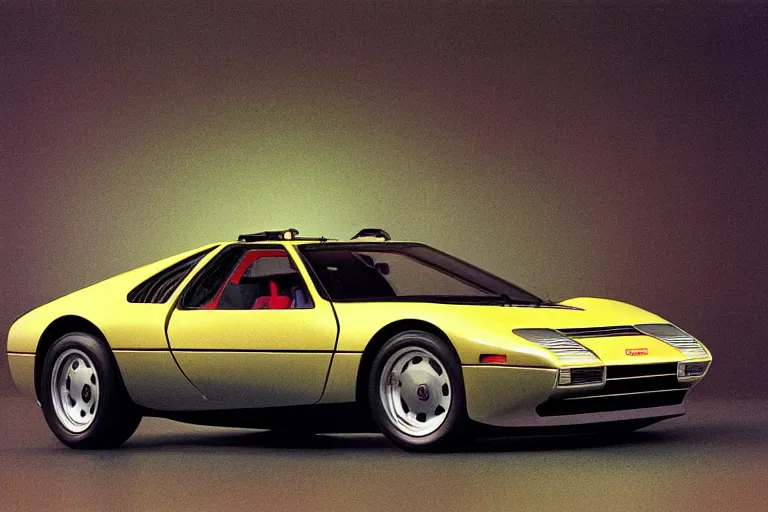 Prompt: designed by giorgetto giugiaro stylized poster of a single 1 9 9 1 miura citroen dm bmw m 1 ( ( mclaren f 1 ) ) delorean concept, thick neon lights, ektachrome photograph, volumetric lighting, f 8 aperture, cinematic eastman 5 3 8 4 film