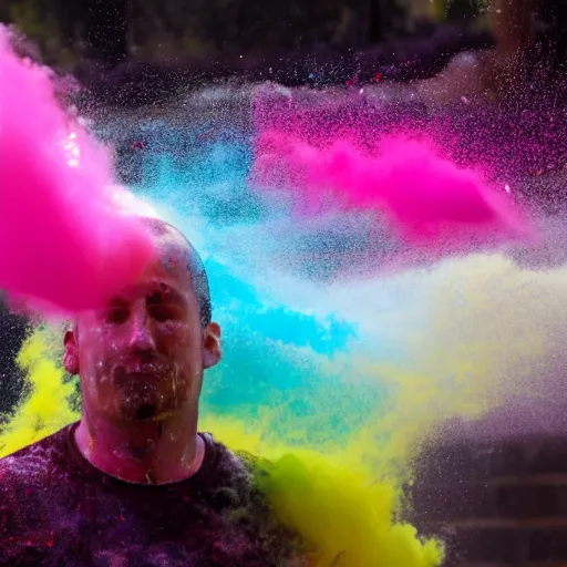 Image similar to a man dissolving in colorful powder explosion.