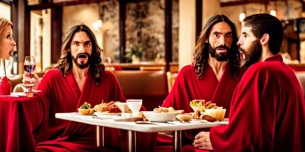 Prompt: jesus christ in a robe and red scarf, in a restaurant, on a date with a beautiful woman, yelling at a young blonde haired waiter
