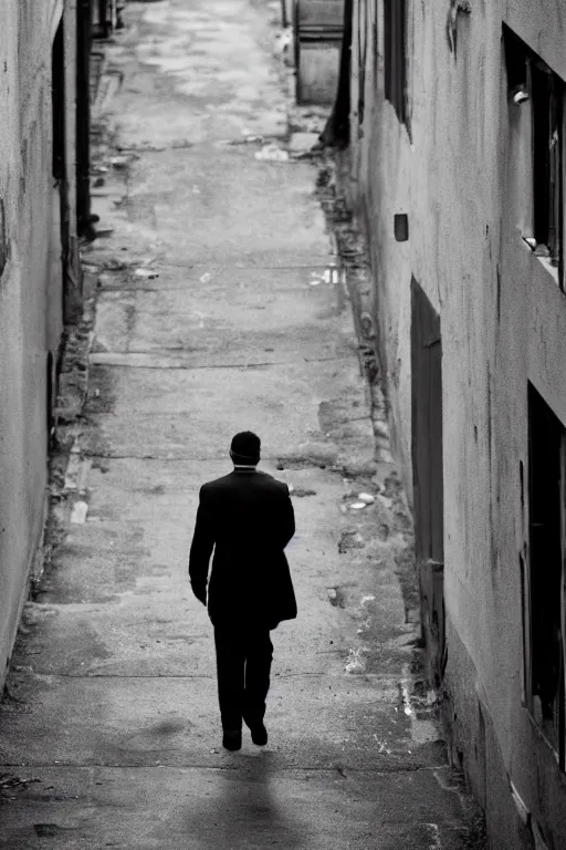 Image similar to a 5 0's detective, walking alone in an alley