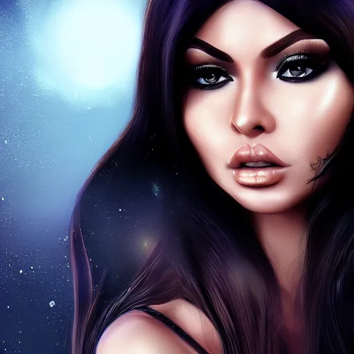 Prompt: portait haifa wehbe, centred, very long hair, hd, unreal engine, art digital painting, qin's moon style, amazing background theme