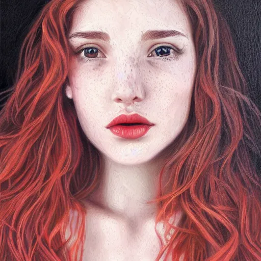 Image similar to beautiful girl, long wavy hair, small nose, freckles, red hair, portrait, photorealistic oil painting, highly detailed, pretty woman, attractive, black dress, tight dress