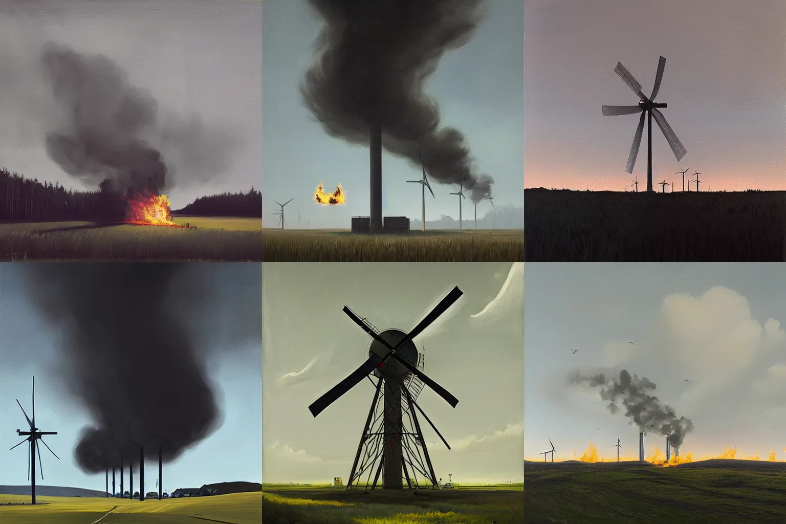 Prompt: a wind mill burning with black smoke in a field, simon stalenhag, painting