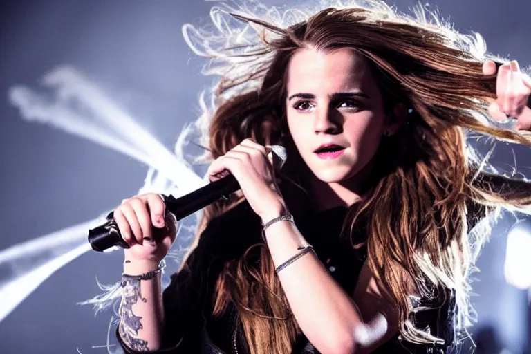 Prompt: emma watson as a heavy metal singer, stage lights, smoke, flames, medium shot