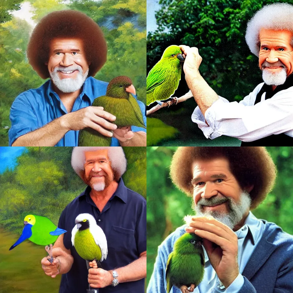 Prompt: Bob Ross holding a Kiwi Bird