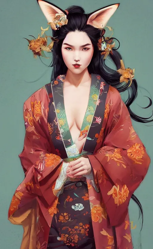 Prompt: An beautiful digital painting of a woman with fox ears and nine tails wearing a kimono, by Stanley Artgerm Lau, WLOP, Rossdraws, James Jean, Andrei Riabovitchev, Marc Simonetti, and Sakimichan, tranding on artstation