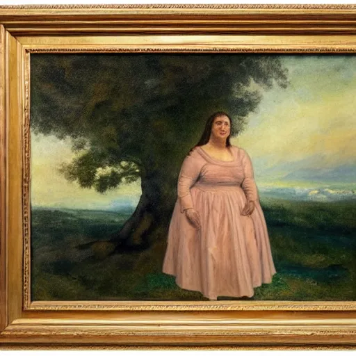 Image similar to _ in _ these _ paintings _ we _ see _ a _ big and tall _ woman in a void space with a tree, 8 k, realistic, in the style of delacroix watercolor, edward hooper, medium shot, studio light, thick oil paint with brushstrokes of paint, impasto, bright, happy detailed,