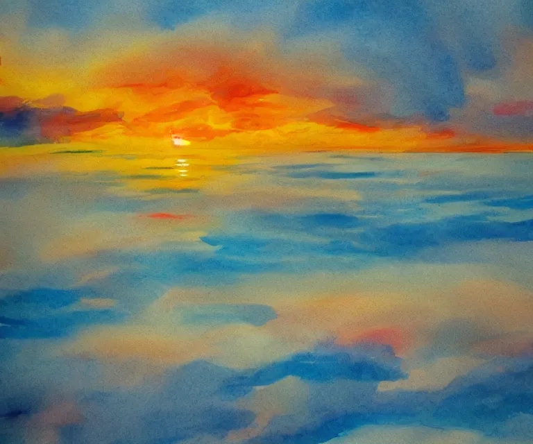 Prompt: clouds, sunrise, water painting